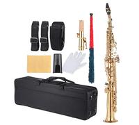 HUIOP Saxofón soprano recto de latón Saxofón Bb B Instrumento de viento de madera plano Patrón tallado de llave de concha natural con estuche de transporte Guantes Paño de limpieza Correas Varilla de