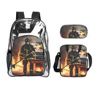 HUIopq Juego de mochila transparente con estampado de llamas de bombero, unisex, 3 piezas, bolsa de almuerzo transparente, estuche para bolígrafos, viajes al aire libre