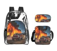 HUIopq Juego de mochila transparente con estampado de llamas de bombero, unisex, 3 piezas, bolsa de almuerzo transparente, estuche para bolígrafos, viajes al aire libre