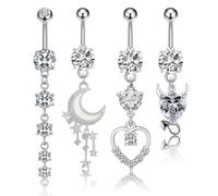 Huipalon Juego de 4 piercings para ombligo, calibre 14, piercing para ombligo, anillo de ombligo, circonita cúbica, sol y luna, corazón, diablo, joyería para mujeres y niñas, talla única, Acero
