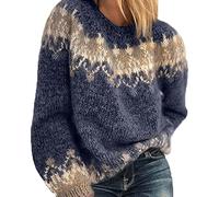 HUIPYOU Suéter de Punto Grueso para Mujer de otoño e Invierno con Cuello Redondo Casual Suelto Mohair, Azul, L