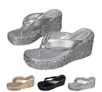 HUIQINGLI Arch Support Flip Flops, 2025 New Comfortable Open Toe Sequins Beach Platform Flip Flops Sandals For Women (Silver,40)