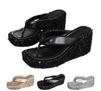 HUIQINGLI Arch Support Flip Flops, 2025 New Comfortable Open Toe Sequins Beach Platform Flip Flops Sandals For Women (Black,40)