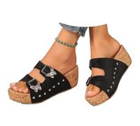 HUIQINGLI Cork Wedges Platform Slides Orthopedic Sandals, 2025 New Women's Double Butterfly Buckle Platform Slip On Vacation Sandals (Black,37)