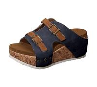 HUIQINGLI Women's Cork Wedges & Platform Slides, Ladies Summer Open Toe Arch Support Orthopedic Comfort Casual Beach Shoes (Blue,40)