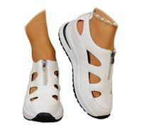 HUIQINGLI Women's Front Zipper Soft Bottom Wedge Sandals, Hollow Out Breathable Platform WedgeSandals Sneakers, Leather Closed Toe Comfortable Casual Stylish RomanSandals (White,39)