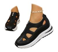 HUIQINGLI Women's Front Zipper Soft Bottom Wedge Sandals, Hollow Out Breathable Platform WedgeSandals Sneakers, Leather Closed Toe Comfortable Casual Stylish RomanSandals (Black,40)