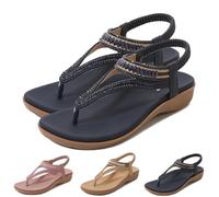 HUIQINGLI Women's T-Strap Flat Sandals With Sparkling Rhinestones, 2025 New Summer Bohemia Elastic Ankle T-Strap Thong Flip Flops (Blue,36)