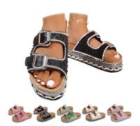 HUIQINGLI Women's Versatile Rhinestone Platform Slippers, Fashionable Rhinestone Double Buckle Slide Sandals, Comfortable Open Toe Platform Cork Beach Slipper (Black,36)