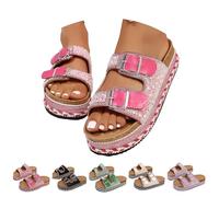 HUIQINGLI Women's Versatile Rhinestone Platform Slippers, Fashionable Rhinestone Double Buckle Slide Sandals, Comfortable Open Toe Platform Cork Beach Slipper (Rose,42)