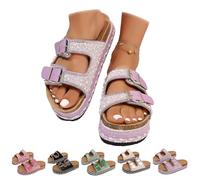 HUIQINGLI Women's Versatile Rhinestone Platform Slippers, Fashionable Rhinestone Double Buckle Slide Sandals, Comfortable Open Toe Platform Cork Beach Slipper (Purple,39)