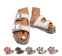 HUIQINGLI Women's Versatile Rhinestone Platform Slippers, Fashionable Rhinestone Double Buckle Slide Sandals, Comfortable Open Toe Platform Cork Beach Slipper (White,41)