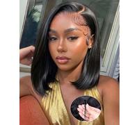 HUIWANYAN Hihmarm Peluca de cabello humano con encaje frontal HD de 33 x 10,2 cm, sin pegamento, predepilada, corto, estilo bob, para mujeres negras, línea capilar natural, densidad del 180%, 35,5 cm