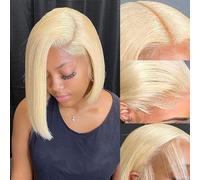 HUIWANYAN Hihmarm Peluca de cabello humano rubio 613, sin pegamento, con encaje frontal HD de 33 x 10,2 cm, cabello humano predepilado, estilo bob, densidad del 180 %, pelucas cortas para mujeres