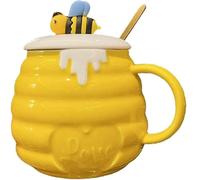 Huiyiwert Bonita taza de café de 400 ml, taza de café, taza de cerámica con tapa y cuchara, taza de oficina, taza de leche, taza de cacao, taza de regalo para mujeres, niñas, novia (amarillo)