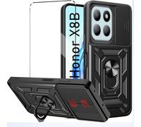 HuiYouMY Funda + Cristal Templado Protectora Capa Compatible with Honor X8B Antigolpes Fundas Funda de Móvil Cristal antirotura con Cubierta Deslizante de la Cámara, Soporte Giratorio de 360 ° Black
