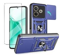 HuiYouMY Funda + Cristal Templado Protectora Capa Compatible with OPPO A5 Pro 5G Fundas Funda de Móvil Cristal antirotura con Cubierta Deslizante de la Cámara, Soporte Giratorio de 360 ° Navy