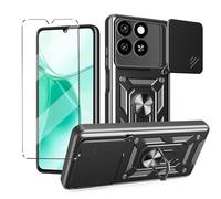 HuiYouMY Funda + Cristal Templado Protectora Capa Compatible with ZTE Blade A55 Fundas Funda de Móvil Cristal antirotura con Cubierta Deslizante de la Cámara, Soporte Giratorio de 360 ° Black