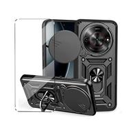 HuiYouMY Funda + Cristal Templado Protectora Capa Compatible with ZTE Blade A75 5G Fundas Funda de Móvil Cristal antirotura con Cubierta Deslizante de la Cámara, Soporte Giratorio de 360 ° Black