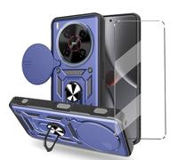 HuiYouMY Funda + Cristal Templado Protectora Capa Compatible with ZTE Blade V70 MAX 4G Fundas Funda de Móvil Cristal antirotura con Cubierta Deslizante de la Cámara, Soporte Giratorio de 360 ° Navy