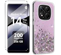 HuiYouMY Funda Glitter Bling con Cristal Templado 1Pcs Protectora Capa Compatible with Xiaomi Redmi Note 14 Pro Plus 5G Antigolpes Fundas Carcasa Silicona Funda de Móvil Cristal antirotura Rosa