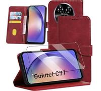 HuiYouMY Funda Tapa Libro Movil Carcasa PU Cuero con Cristal Templado Protectora Capa para OUKITEL C37 Fundas Carcasa [Ranura Tarjeta][Función Soporte] Funda de Móvil Cristal antirotura Red