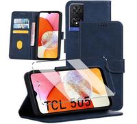 HuiYouMY Funda Tapa Libro Movil Carcasa PU Cuero con Cristal Templado Protectora Capa para TCL 505 Fundas Carcasa [Ranura Tarjeta][Función Soporte] Funda de Móvil Cristal antirotura Navy
