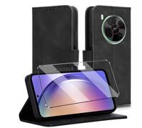 HuiYouMY Funda Tapa Libro Movil Carcasa PU Cuero con Cristal Templado Protectora Capa para ZTE Blade V70 MAX Fundas Carcasa [Ranura Tarjeta][Función Soporte] Funda de Móvil Cristal antirotura Negro