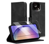 HuiYouMY Funda Tapa Libro Movil Carcasa PU Cuero con Cristal Templado Protectora Capa para ZTE Blade A35E Fundas Carcasa [Ranura Tarjeta][Función Soporte] Funda de Móvil Cristal antirotura Negro
