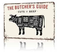 HUJWLBWF Educational Kitchen Decor Cuts of Beef Metal Sign Vintage Tin Wall-Art Butcher Chart Guide for Home Cook Foodie 8 X 12 in