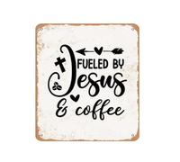 HUJWLBWF Fueled by Jesus and Coffee Sign Vintage Tin Sign Quote Wall Decor for Home Office Cafe Kitchen Faith Based Inspiration (8 X 12 inch)