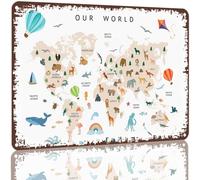 HUJWLBWF Retro World Map with Animals Metal Sign Vintage Nursery Wall-Art for Boy Girl Room Room Decor Gift for Toddler 8 X 12 inch