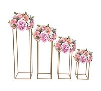HuKaiL 4 soportes dorados de metal para flores, jarrón de boda, columna floral, cuadrado, centros de mesa para bodas, salón, cafetería