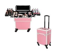 HuKaiL Maletín de maquillaje con ruedas 3 en 1, grande, con candados, para maquilladores, diseñadores de uñas y peluqueros, 24 × 34 × 47 cm (rosa)