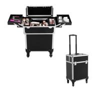 HuKaiL Maletín de maquillaje con ruedas 3 en 1, grande, con cerraduras, para maquilladores, diseñadores de uñas y peluqueros, 24 × 34 × 47 cm (negro)