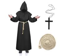 Hukermoon Disfraz de Monje Medieval Hombre Disfraz de Monje Sacerdote Túnica de Halloween, Disfraz Fraile Adulto Traje Renacimiento Sacerdote Ropa con Collar de Cruz para Carnaval Cosplay (Negro, XL)