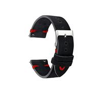 HUKILU yaoqijie Correa de reloj de puntada hecha a mano de cuero de gamuza, hebilla de pasador pulido plateado, correa de reloj de cuero Original 18mm 20mm 22mm KZSD03 lasting(Black-Red Line,24mm)