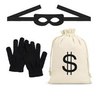 HUKUMA 3 Pcs Accesorios Disfraz Ladrones, Antifaz de Bandido+Guantes+Bolsas, Disfraz Ladrón Accesorios Cosply para Carnaval Fiesta Adulto