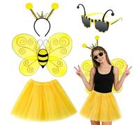 HUKUMA 4PCS Disfraz de Abeja Mujer, Disfraz de Abejas con Alas de Abeja, Cinta para la Cabeza, Abejas Falda de Tul Tutú, Gafas, Disfraces Costume Accesorios para Carnaval Halloween Fiesta