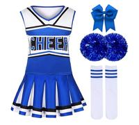 HUKUMA Disfraz de Animadora para Niña, Disfraz Cheerleader Mujer Traje Animador Niños, Uniforme Porristas con Calcetines Lazo y Pompones, Disfrazs Regalo para Carnaval Halloween Cosplay Fiesta