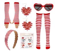 HUKUMA Disfraz de carnaval de Colonia, accesorios de disfraz para mujer, rojo y blanco, diadema de carnaval y calcetines hasta la rodilla, guantes, medias, gafas de corazón, pendientes, tatuajes