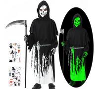 HUKUMA Disfraz Niño Halloween,Disfraz Muerte Esqueleto Niño, Máscara de látex que Brilla en la Oscuridad, Guantes y Guadaña,Grim Reaper Costume for Halloween Carniva