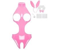 HULIJA Disfraz de conejo para mujer, traje de cosplay, piel patente, conejito travieso, conjunto de lencería B, rosa, S