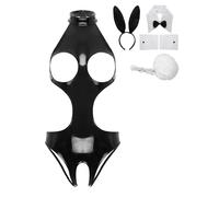 HULIJA Disfraz de conejo para mujer, traje de cosplay, piel patente, conejo travieso, conjunto de lencería B, negro, S