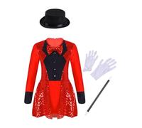 HULIJA Disfraz de director de circo para niña, de manga larga, falda y sombrero, para mago, rojo, 110-116