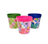 Hum Flowerpots, Juego de 3 macetas de plástico para Interiores y Exteriores, 15 cm, diseño Floral
