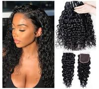 Human Hair Bundles with Closure Brazilian Hair Water Wave 12 14 16 +10 inch Virgin Hair Bundles with Closure Human Hair Curly Bundles With Closure Double Weft Hair Extension Natural Black Color…