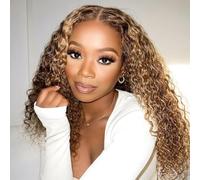 Human Hair Wig Lace Front Peluca de cabello humano Rizos Afro Pre Cut 4×4 Lace Glueless Wig Kinky Curly Wear and Go Brazilian Virgin Hair 180% Density 4/27 Blonde Highlight Ombre Colour 22 Inches