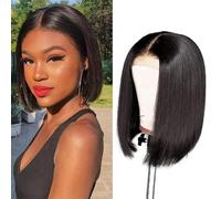 Human Hair Wig Peluca de cabello humano 4x4 Lace Front Wig Human Hair Bob Straight for Women Natural Brazilian Short Wigs 150% Density Natural Black Color 10 Inches