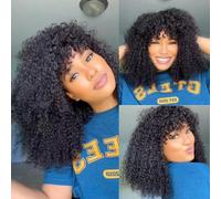 Human Hair Wig With Bang Peluca Negro Pelucas Mujer Pelo Kinky Curly Human Hair Wigs with Fringe Brazilian Remy Hair Short Curly Wig No Lace Front Wigs for Women Glueless Wig Afro Kinky Curly 14 Inch